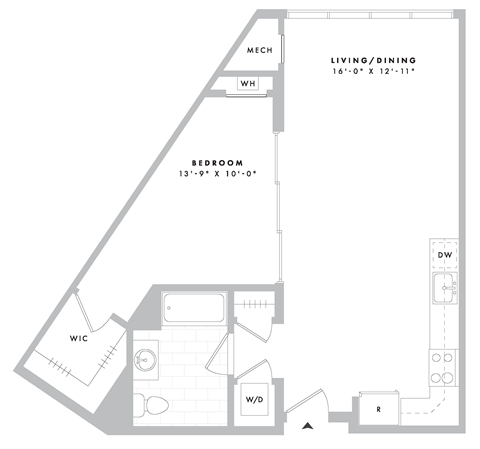 Floor plan for 1 bed, 1 bath, 766 sqft